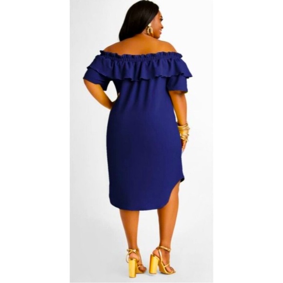 *Ashley Stewart Off-Shoulder Ruffle Dress Peacoat Blue 22/24 New With Tags - Picture 4 of 7